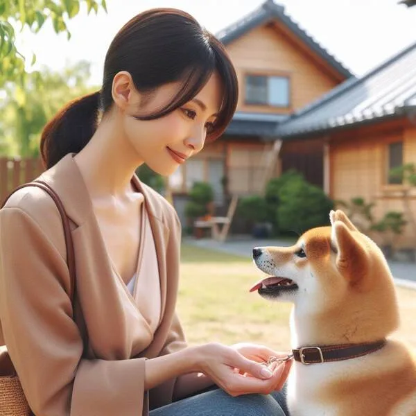 Persona compartiendo un momento de complicidad con su Shiba Inu de forma respetuosa