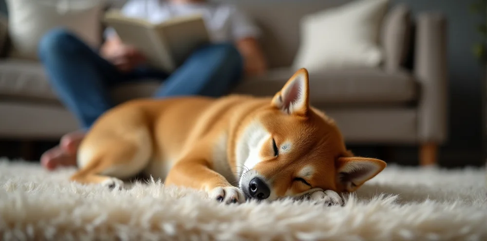 Shiba Inu en actitud independiente y segura, descansando cerca de su familia