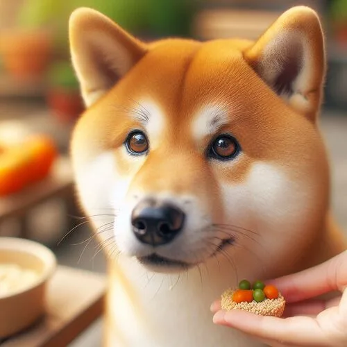 Shiba Inu observando su plato de comida con expresión interesada