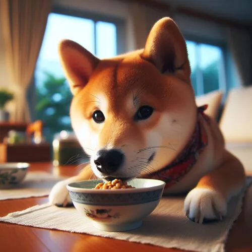 Shiba Inu comiendo una dieta hipoalergénica recomendada por el veterinario