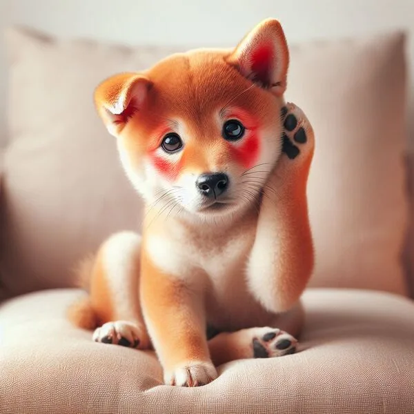 Shiba Inu con signos visibles de irritación cutánea que se rasca insistentemente