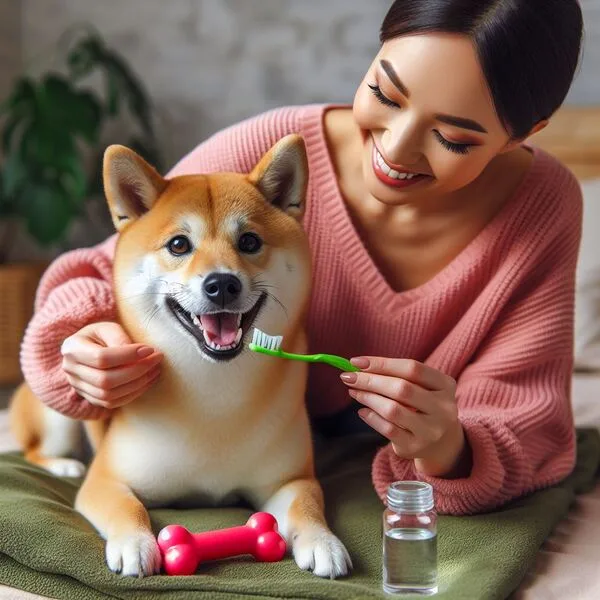 Persona cepillando los dientes de un Shiba Inu con técnica correcta