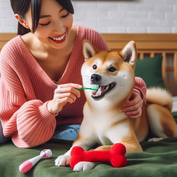 Veterinario revisando los dientes y encías de un Shiba Inu