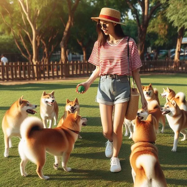Entrenador profesional trabajando con un Shiba Inu