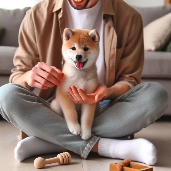 Persona acariciando a un Shiba Inu como recompensa durante el entrenamiento