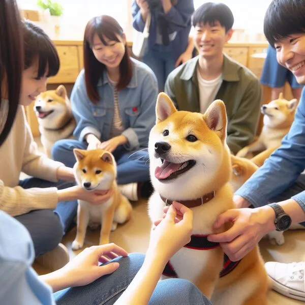 Shiba Inu socializando con otros perros en el parque