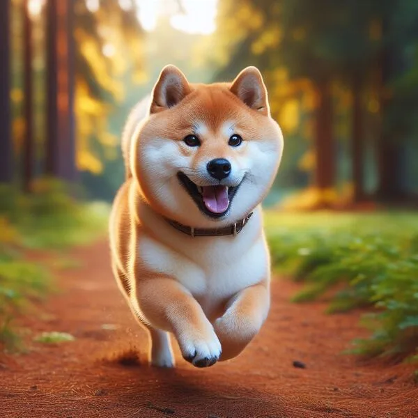 Shiba Inu realizando ejercicio activo con su propietario al aire libre