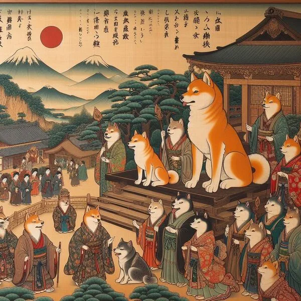 Shiba Inu en una ilustración de estilo japonés tradicional con elementos míticos