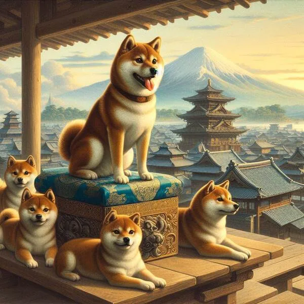Shiba Inu en un entorno de estética japonesa tradicional