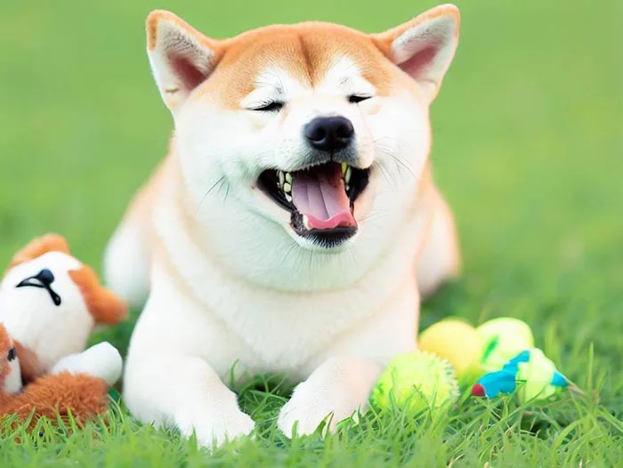 Shiba Inu jugando con varios juguetes