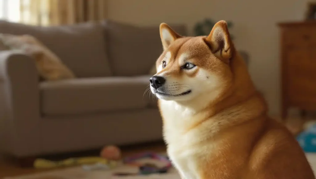 Shiba Inu con expresión filosófica reflexionando sobre la llamada de su humano