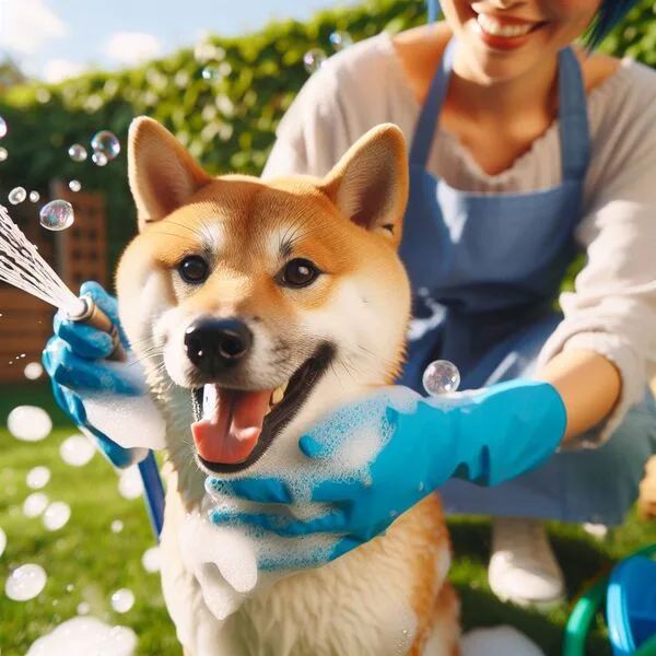 Shiba Inu siendo bañado con cuidado