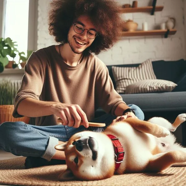 Persona cepillando el pelaje de un Shiba Inu