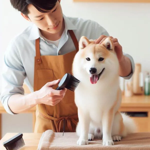 Peluquero canino trabajando el pelaje de un Shiba Inu