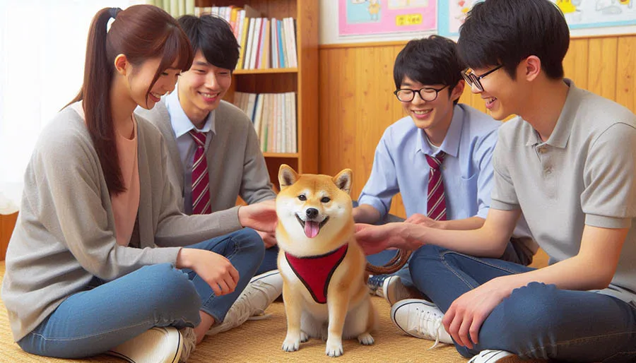 Shiba Inu haciendo terapia con estudiantes universitarios durante un programa de apoyo emocional